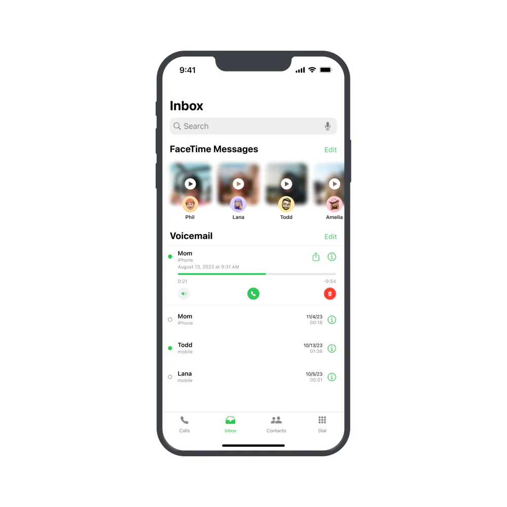 Final iOS Calls inbox screen