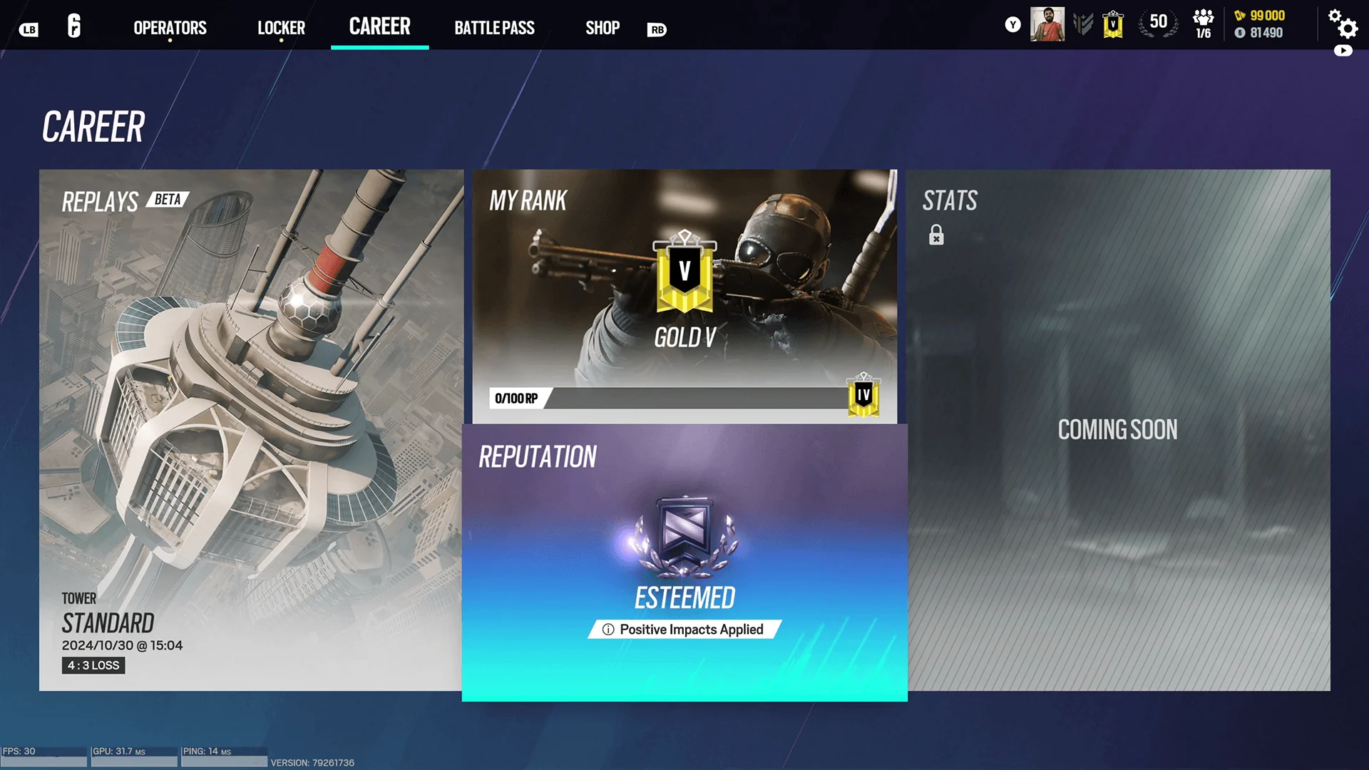 Rainbow Six Siege Career hub progression view