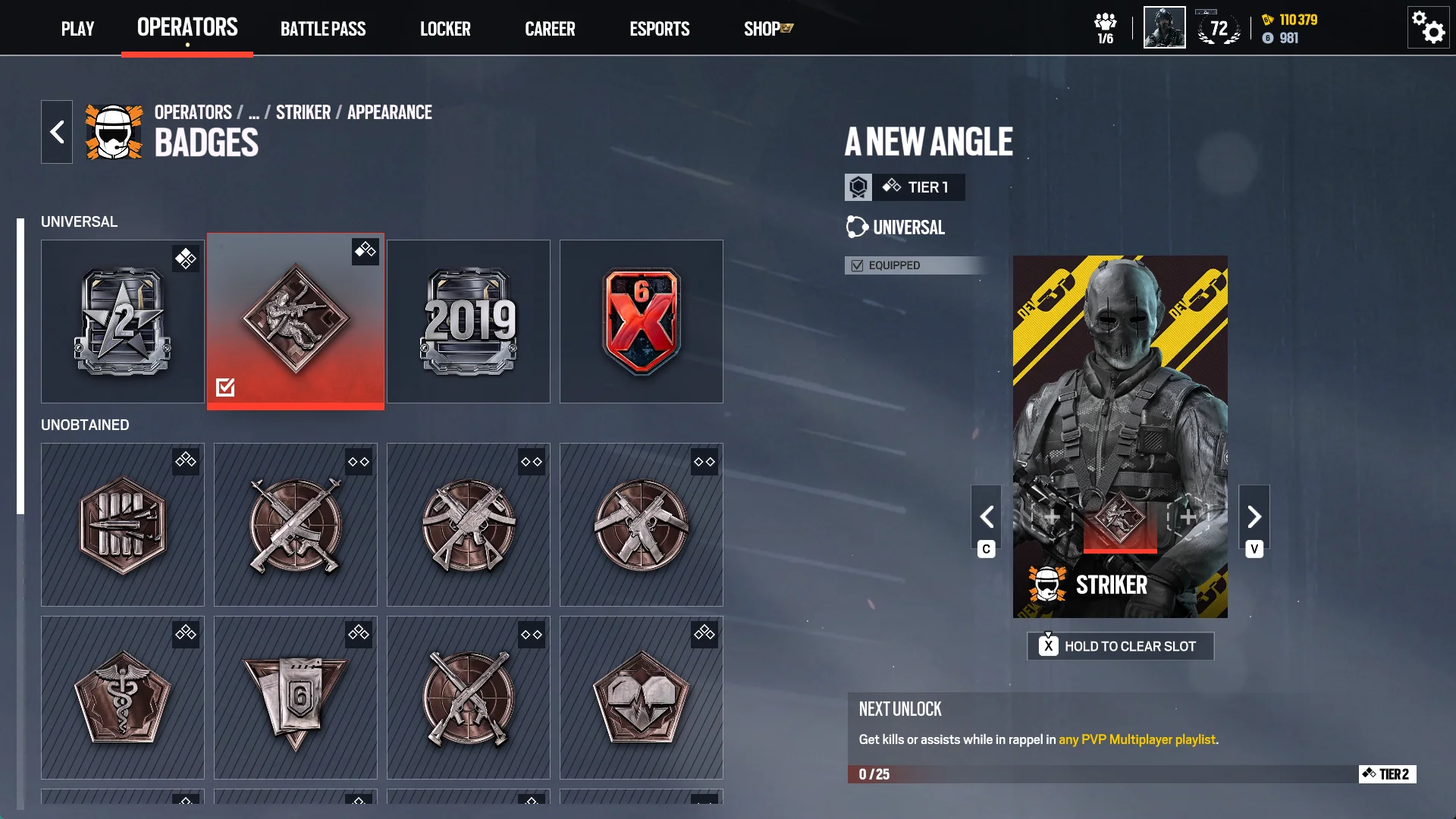 Siege X badge selection screen