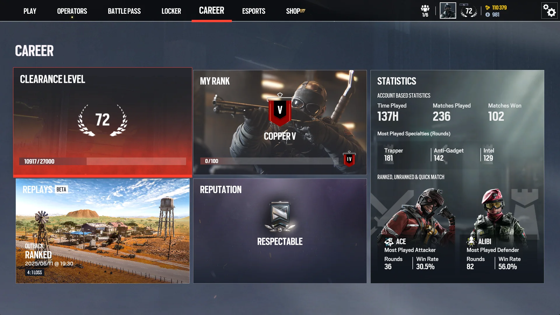 Siege X Career screen