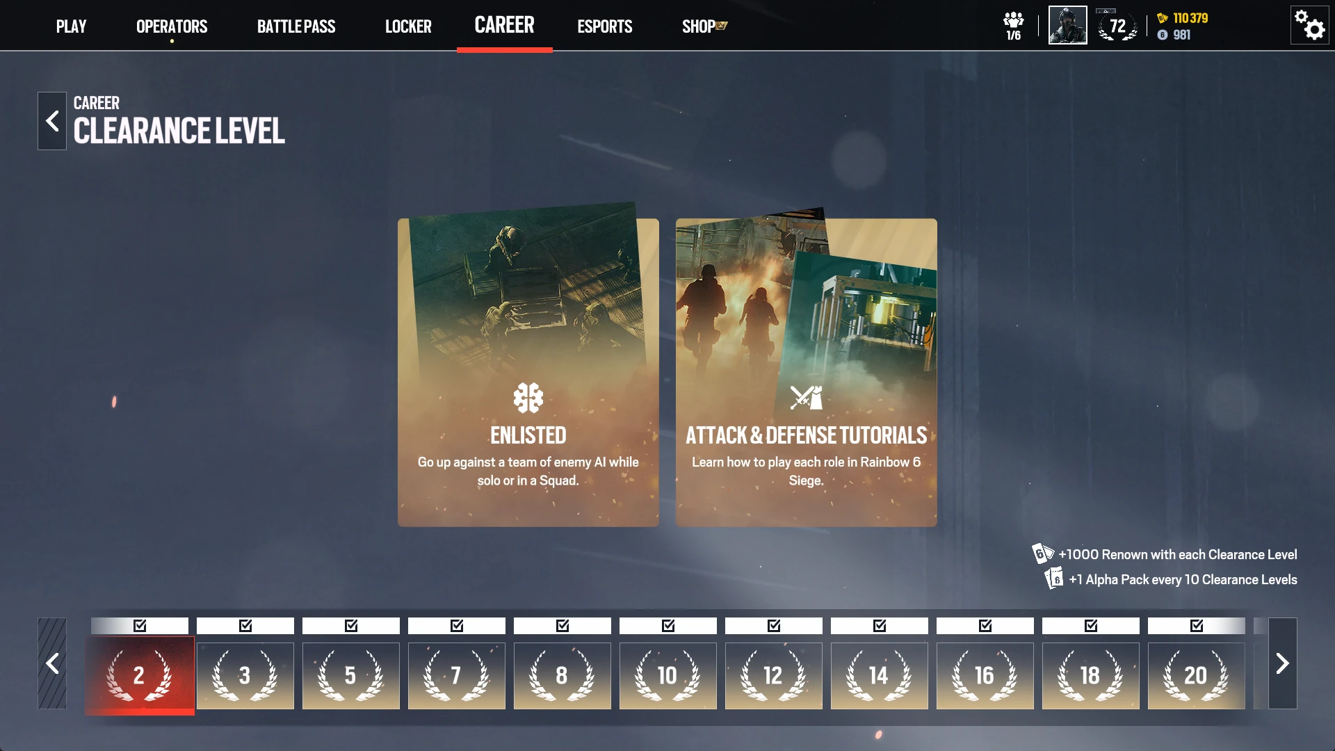 Rainbow Six Siege X Clearance Level progression screen