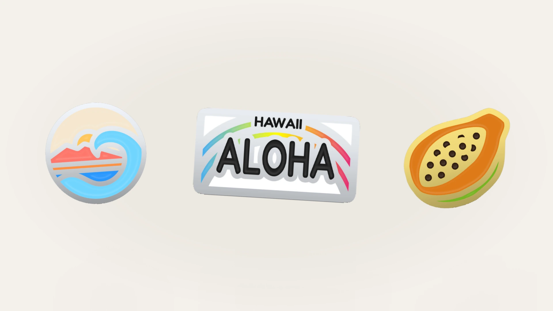 Three colorful ENAMEL pin designs featuring a wave, Aloha lettering, and a papaya