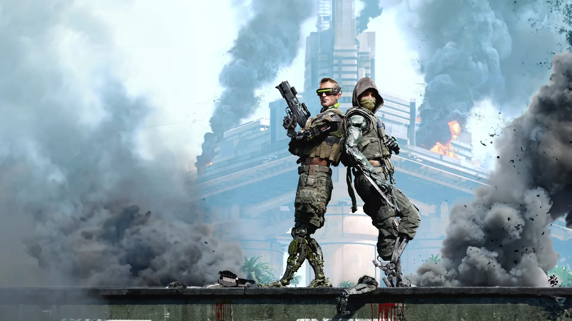 Off The Grid characters standing together in a smoke-filled city