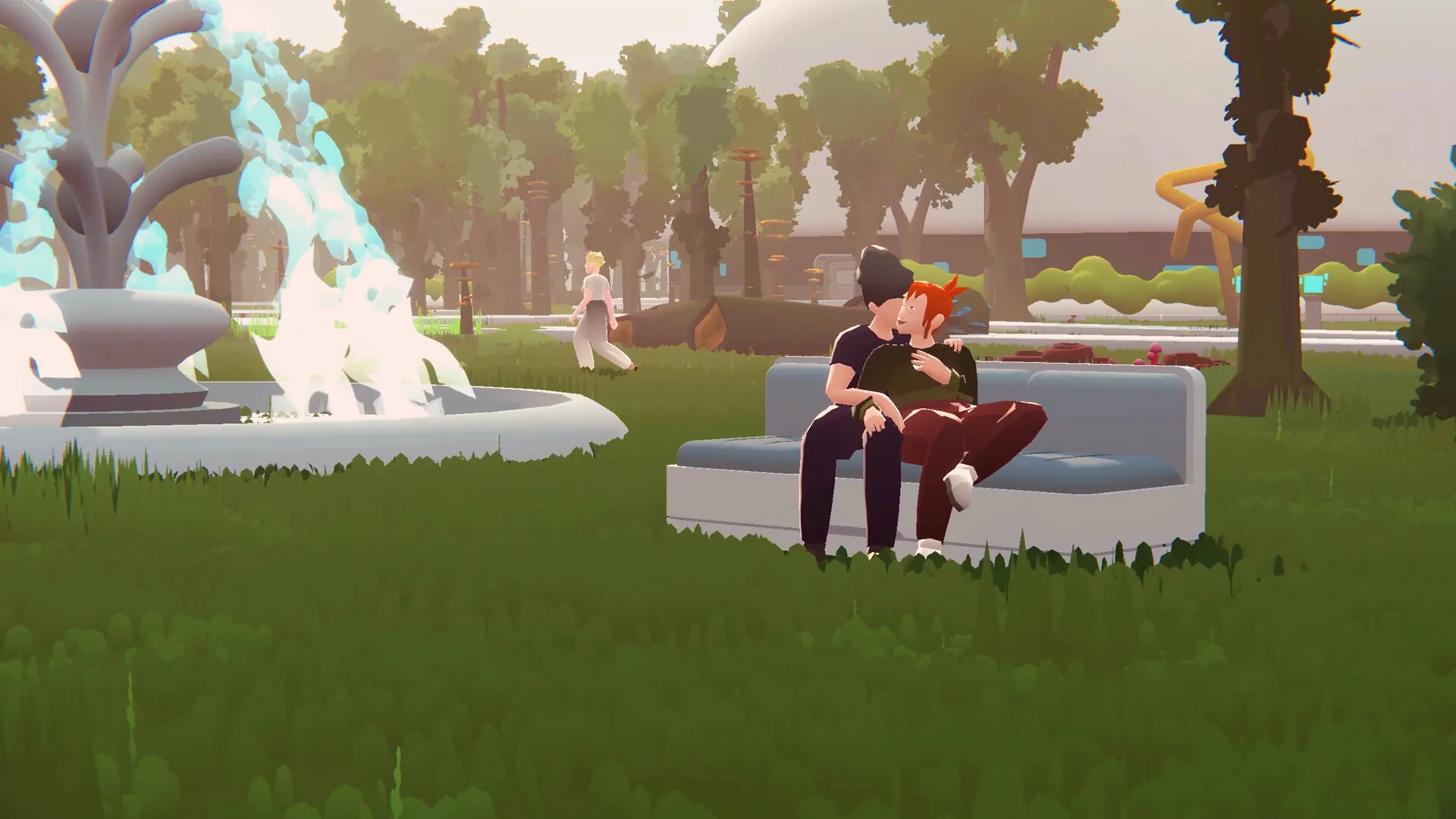 SEED characters relaxing together in a landscaped park