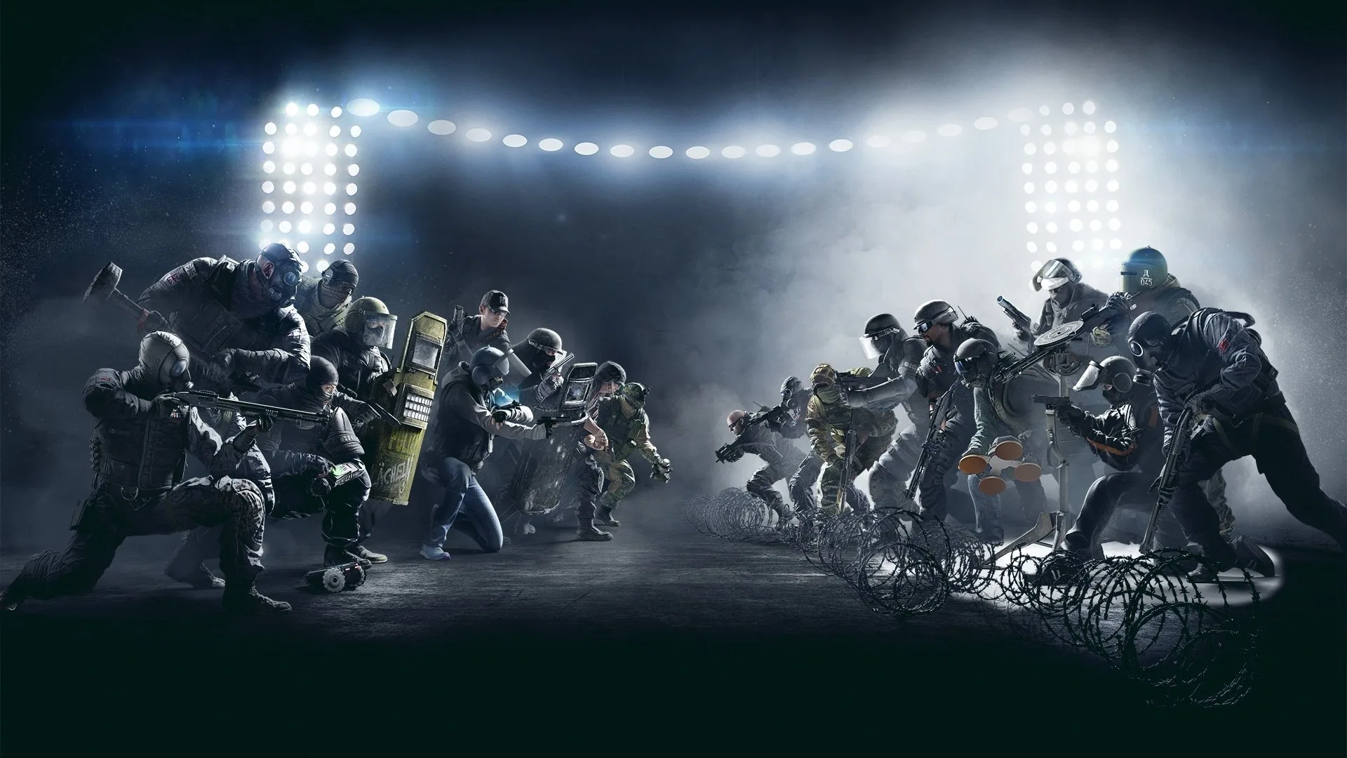 Rainbow Six Siege operators gathered beneath stadium lights